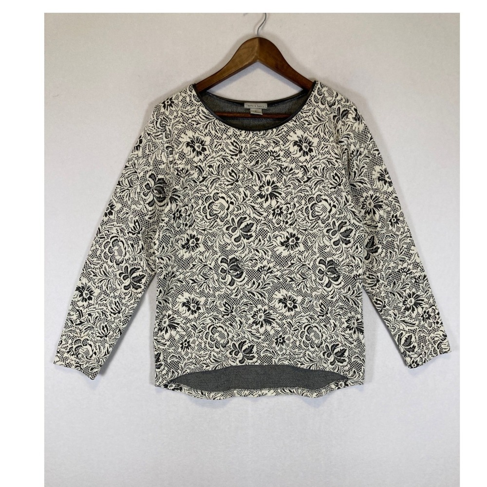 Floral Lace Print Kate & Henry Womens Large White Black High Low Textured‎ Top